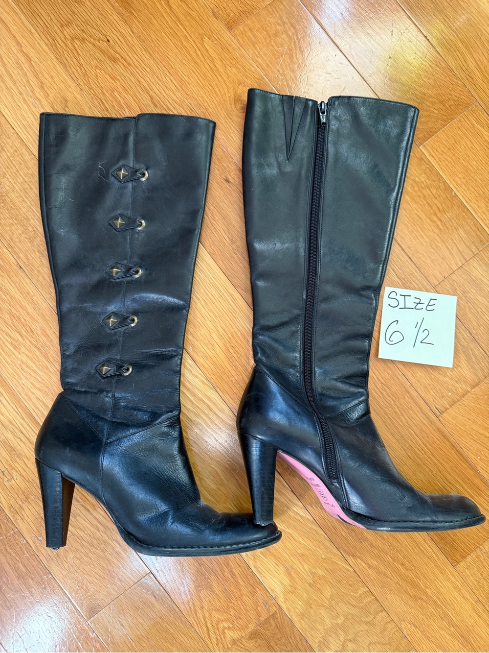 Vintage Delman Black Leather Knee Boot with Side Zip and Button Accents.